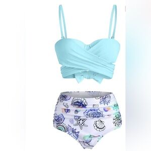 Blue and White Bikini with Wrap-Style Top and Playful Print